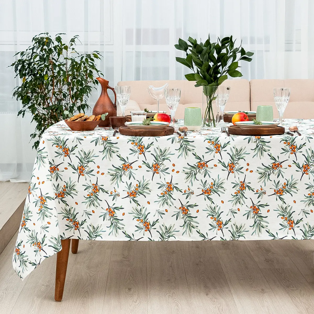 Скатерть Этель Berry Garden хлопковая 149×250 см зелёно-белая хлопковая 149×250 см для стола зелёно-белая