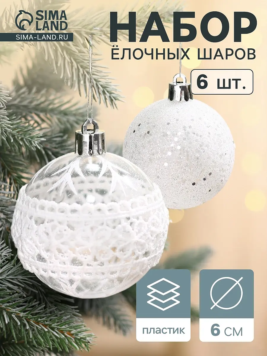 Ёлочные шары набор 6 шт. Изморозь прозрачно-белые Зимнее волшебство набор 6 шт. диаметр 6 см изморозь белые