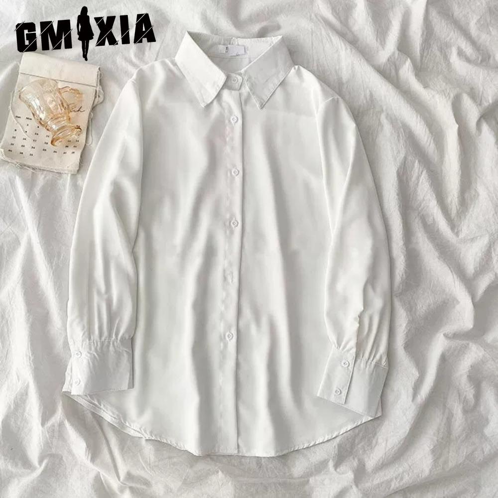 GMXIA Женские модные повседневные однотонные блузки и рубашки-поло с длинным рукавом с принтом M белый