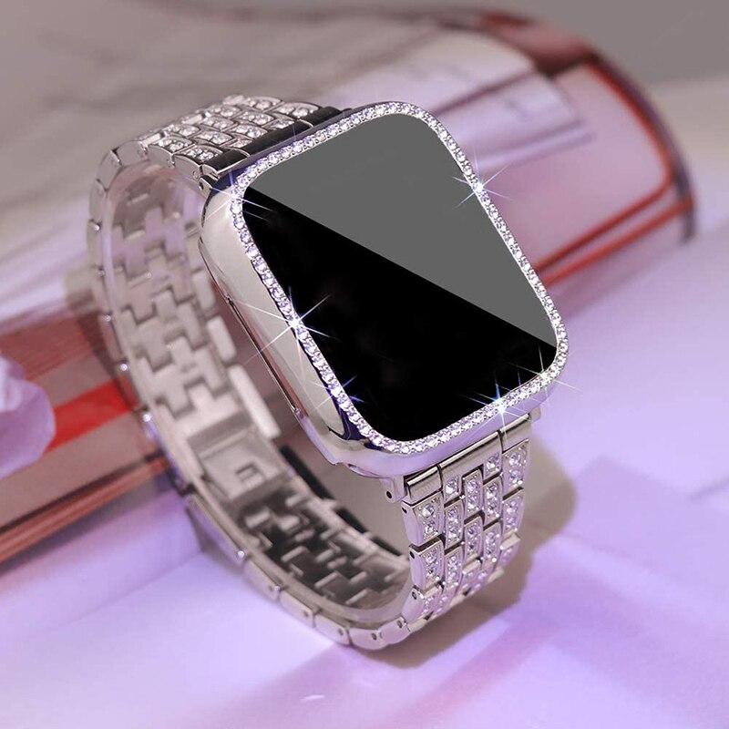 Металлический ремешок для Apple Watch Bnad 38 мм, 40 мм, 42 мм, 44 мм, 41 мм, 45 мм, женское кольцо с бриллиантом, браслет из нержавеющей стали для iWatch 7 6 SE 5 4 3 38mm серебряный Case-3
