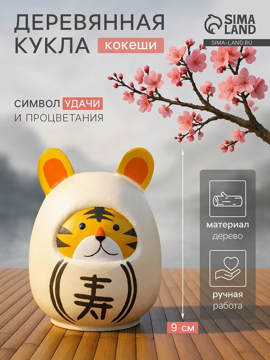 Японская кукла кокеши Тигренок деревянная 6×6×9 см белая GroupPrice