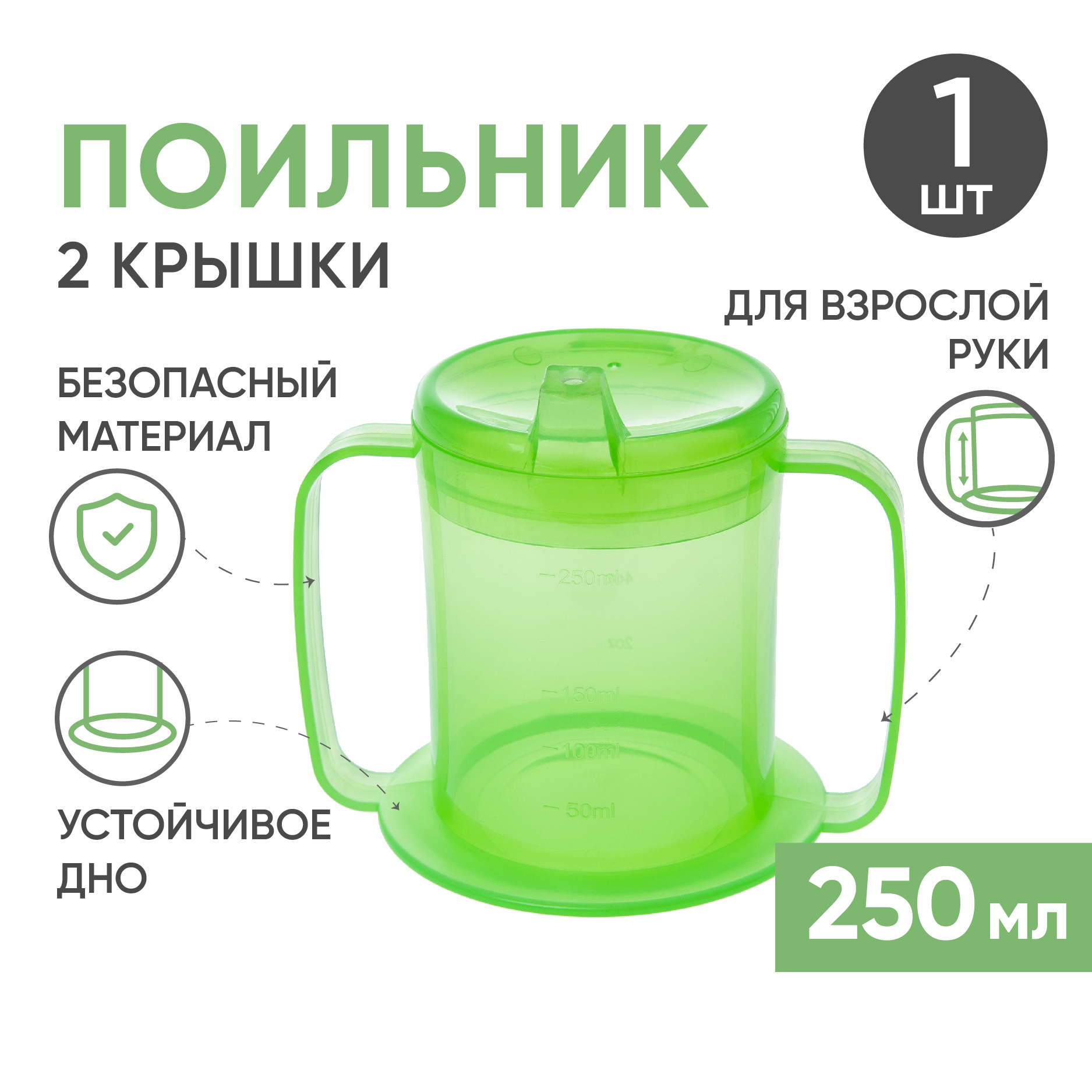 Стакан-поильник для взрослых BESIDE, с двумя крышками, 250мл, зеленый Аптеки Плюс