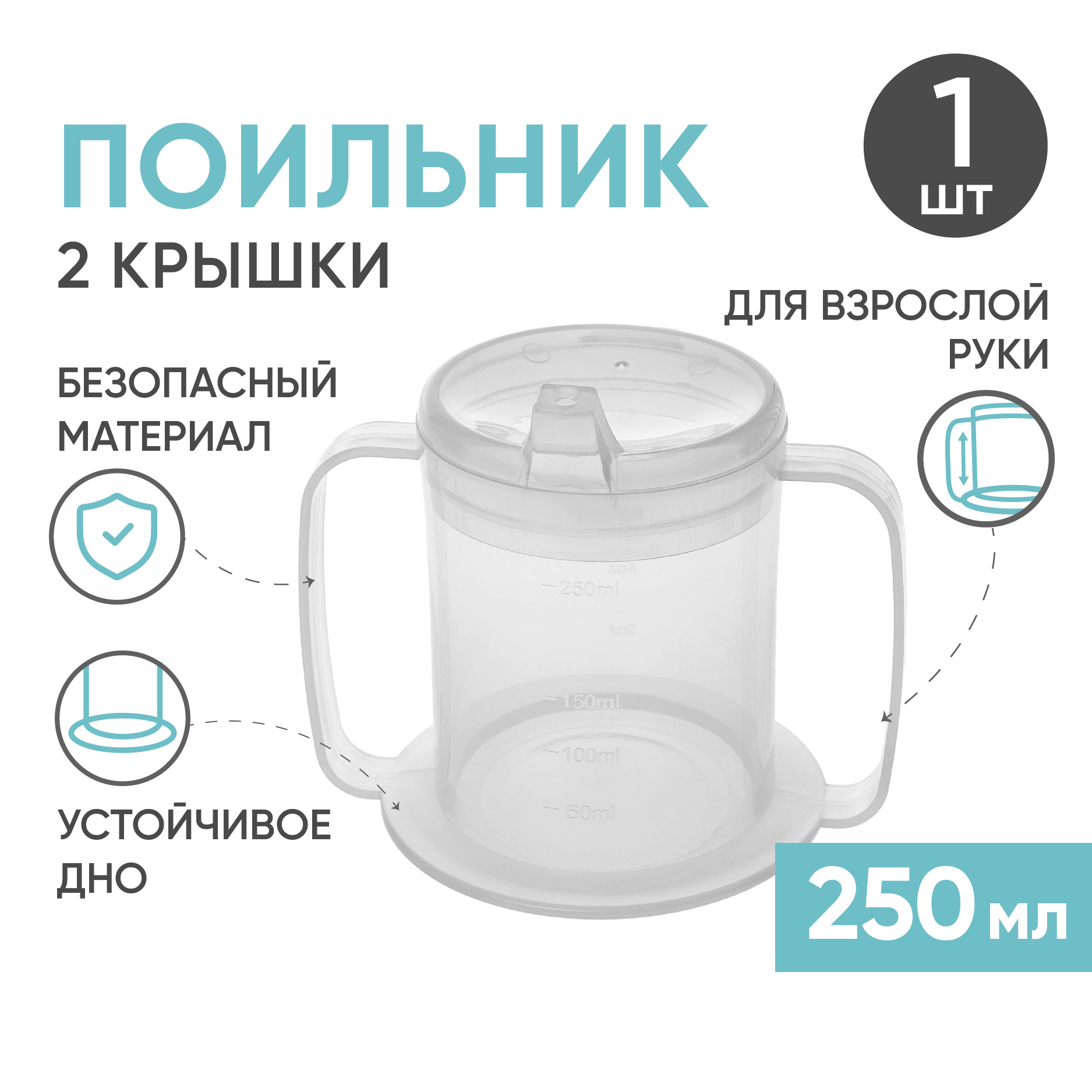 Стакан-поильник для взрослых BESIDE, с двумя крышками, 250мл, прозрачный Аптеки Плюс