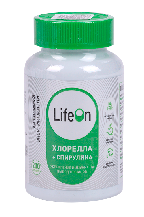 Хлорелла+Спирулина LifeOn, 200 шт, таблетки Аптеки Плюс