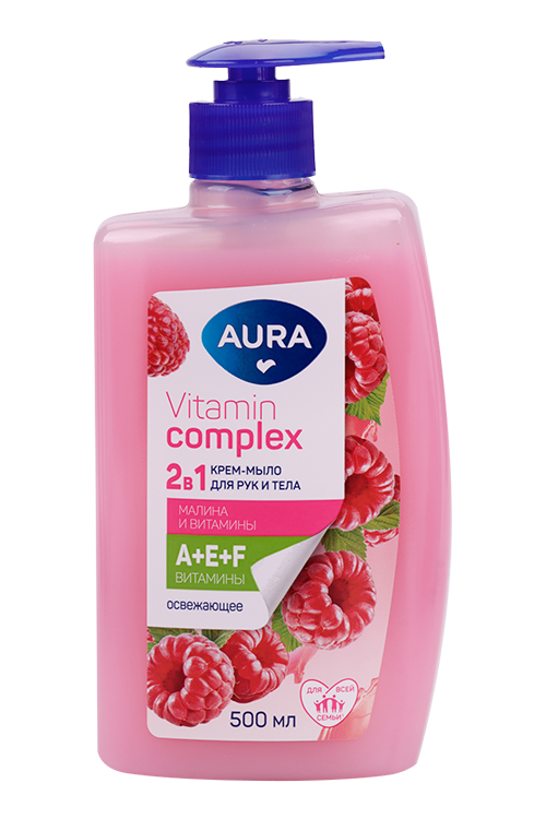 Крем-мыло AURA Vitamin Complex Малина/витамины 2в1 д/рук/тела, 500 мл Аптеки Плюс