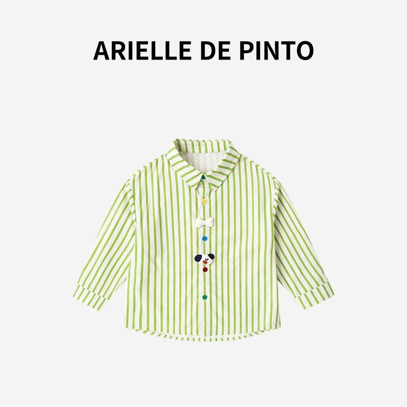 French Arielle De Pinto New Style Boys  and Girls  Shirts, Kidsren s Pure Cotton Spring & Fall Long-Sleeved Shirts, Pure Color Green 80 beige TAOMall
