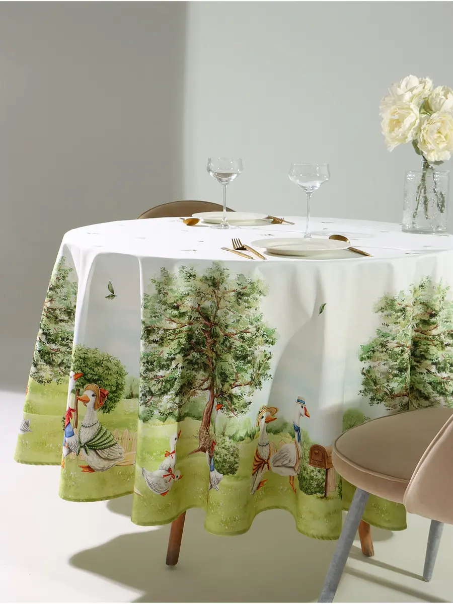Скатерть Этель Family picnic круглая хлопковая 220 см белая с зелёным круглая хлопковая 220 см для пикника белая с зелёным