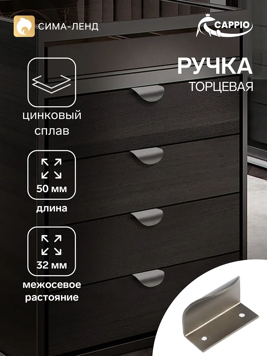 Ручка-профиль мебельная CAPPIO торцевая 32 мм матовая серая 4 шт. торцевая 32 мм для ящиков и фасадов матовая серая