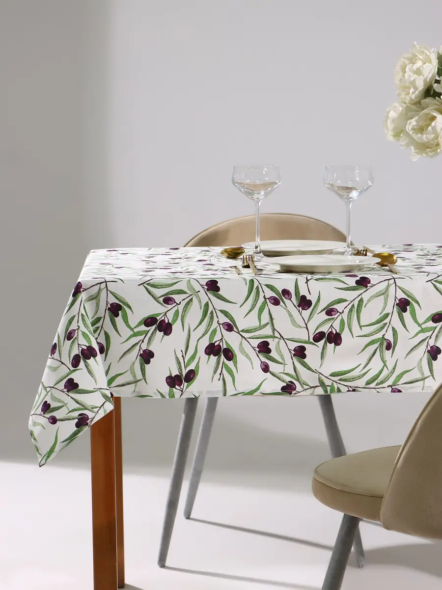 Скатерть Доляна Olives хлопковая 149×220 см бело-зелёная хлопковая рогожка 149×220 см для стола бело-зелёная