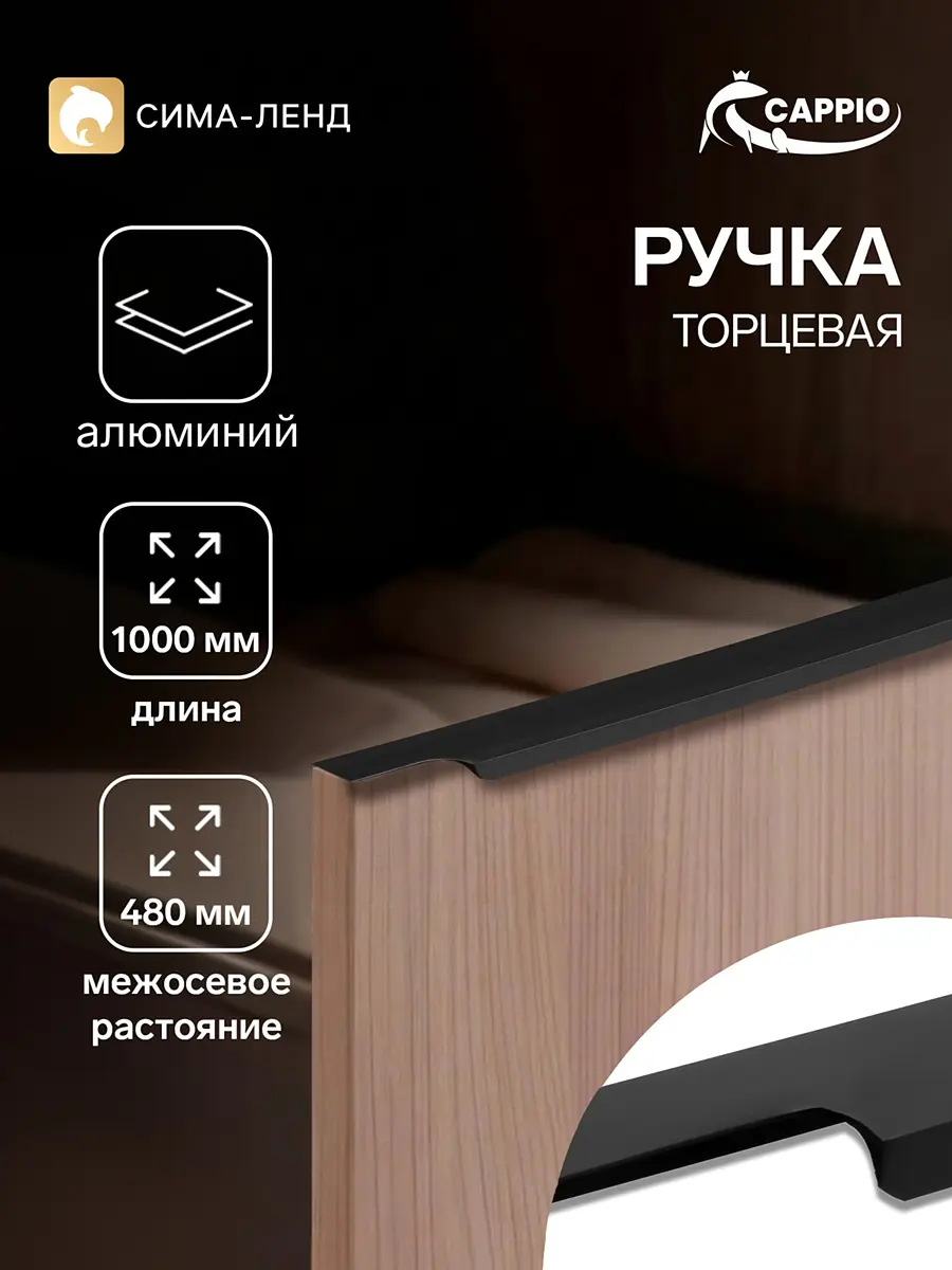 Ручка-профиль мебельная торцевая CAPPIO RP100BL 1000 мм чёрная торцевая 1000 мм для распашных дверец чёрная