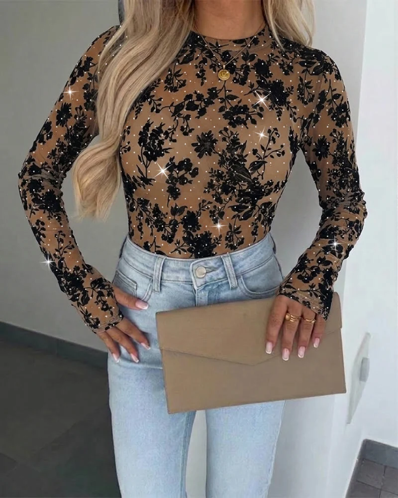 Women's Rhinestone Flocking Floral Sheer Mesh Top Fitted Long Sleeve Tee with Thumb Holes chicme