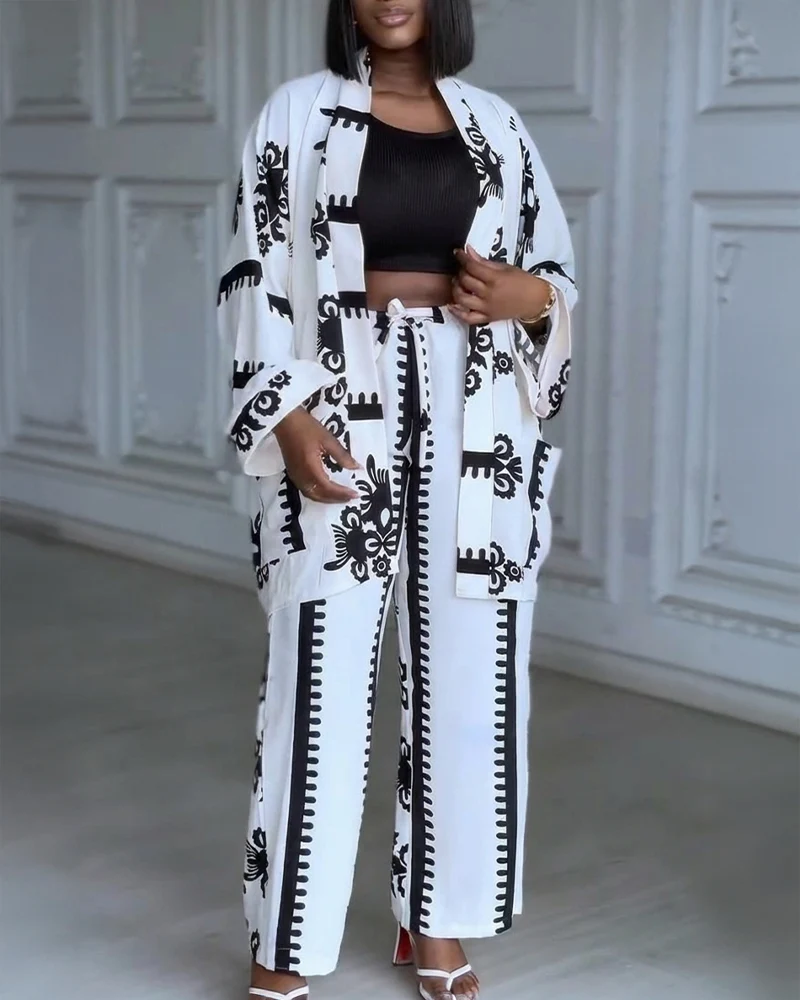 2 Pieces Outfit Open Front Long Sleeve Coat and Drawstring Elastic Waist Wide Leg Pants Set Casual Vintage Baroque Print Loose Fit Set without Tank Top chicme