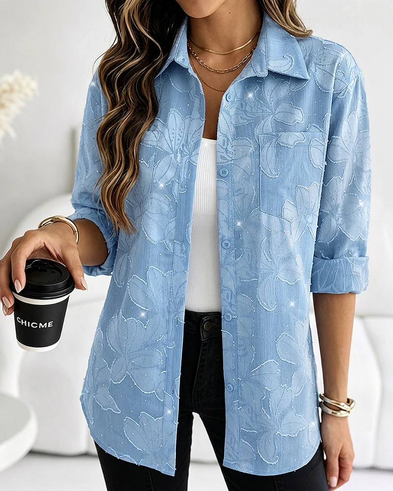 Women's Rhinestone Floral Jacquard Lapel Loose Casual Shirt Button Front Denim Look Top chicme