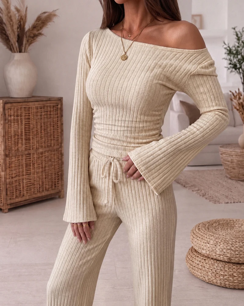Women's 2 Piece Ribbed Knit Lounge Set Boat Neck Flare Sleeve Ruched Top and Wide Leg Pants Set chicme