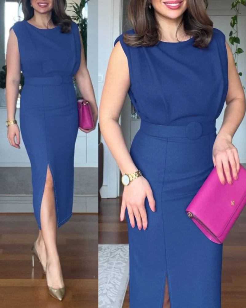 Round Neck Sleeveless Waist Ruched Slit Dress chicme