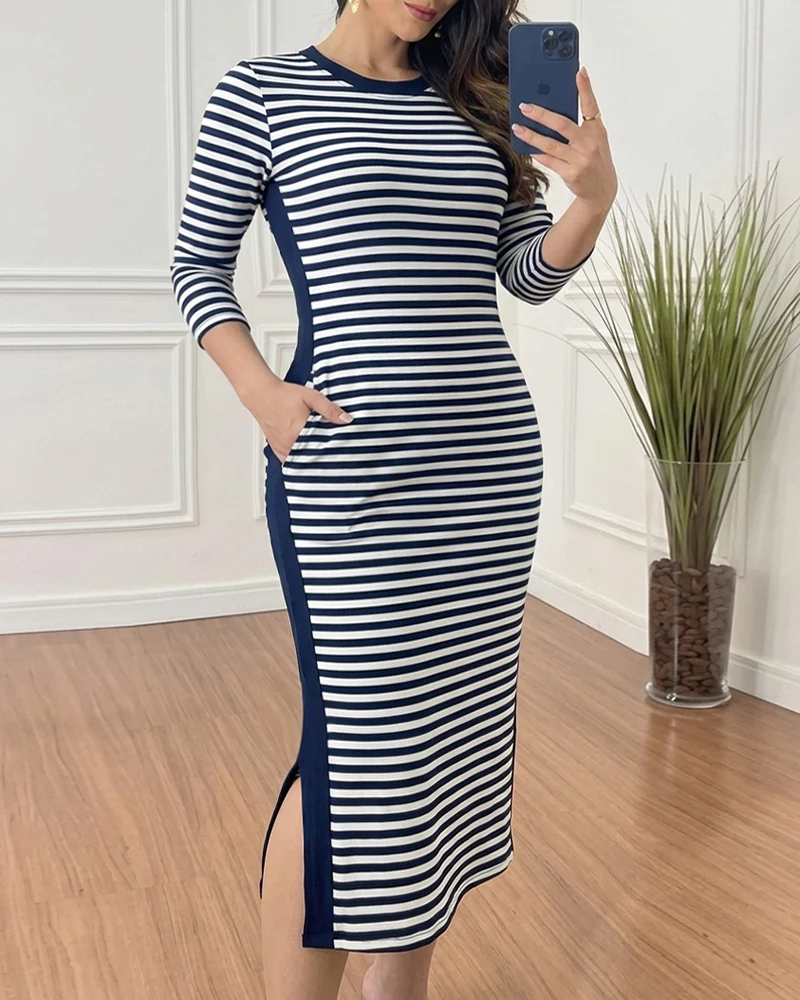 Women's Casual Striped Midi Dress Long Sleeve Crewneck Contrast Side Panel Side Slit T-Shirt Knit Dress with Pockets chicme