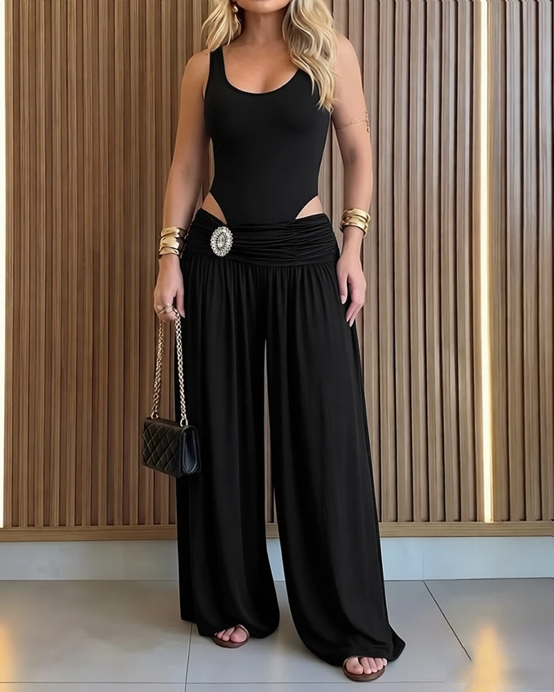 Women's 2 Piece Outfits Sleeveless Slim Fit Bodysuit and Rhinestone High Waist Ruched Wide Leg Pants Set chicme