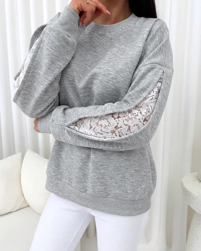 Women's Lace Patchwork Sweatshirt Crewneck Long Sleeve Pullover Slit Sleeve Casual Loose Fit Top chicme