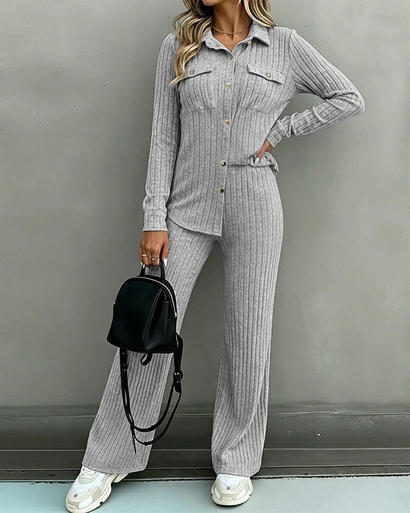 Women's 2 Piece Ribbed Knit Outfits Button Down Top and Straight Leg Pants Set Casual Loungewear Matching Tracksuit chicme