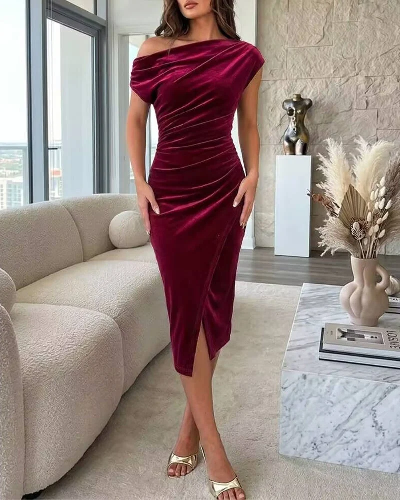 Women's Velvet Skew Neck Midi Dress Elegant Ruched Wrap Slit Bodycon Evening Dress chicme