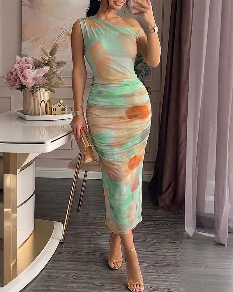 Tie Dye Print One Shoulder Sleeveless Ruched Maxi Dress Slim Fit Sheer Mesh Party Dress with Lining chicme