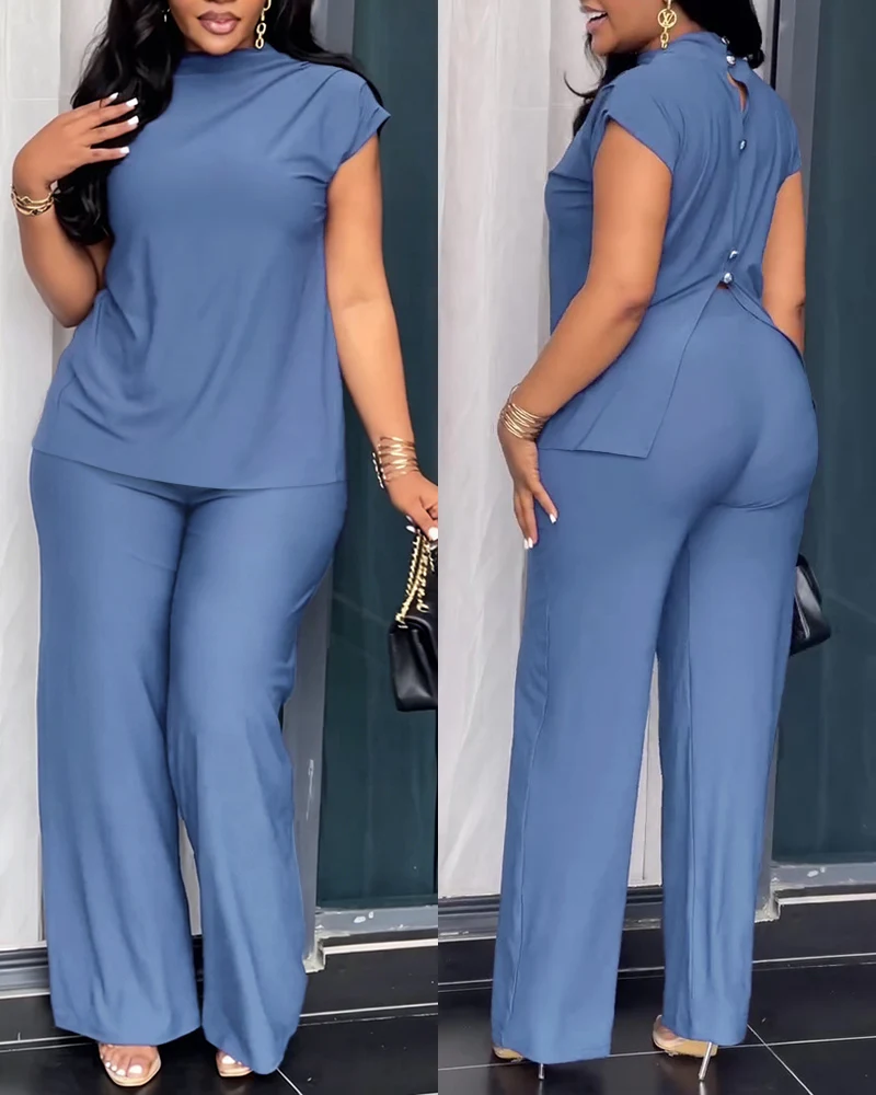 Women's 2 Piece Set Mock Neck Ruched Open Back Button Slit Top and Wide Leg Pants Casual Outfits with Pockets chicme