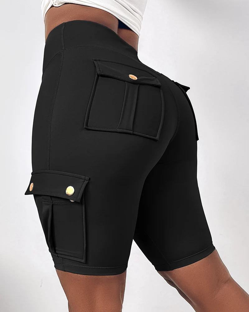 Tummy Control Butt Lifting Active Shorts High Waist Flap Pocket Workout Bermuda Cargo Running Shorts chicme