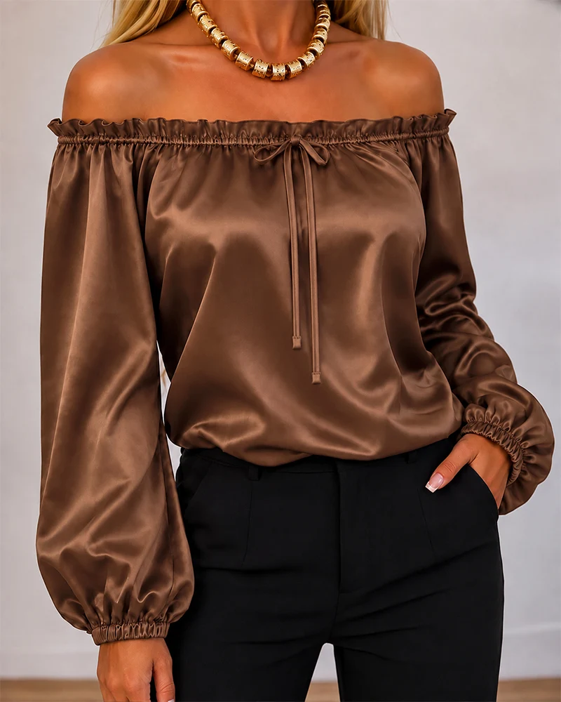 Women's Off Shoulder Satin Frill Trim Tie Front Lantern Sleeve Top chicme