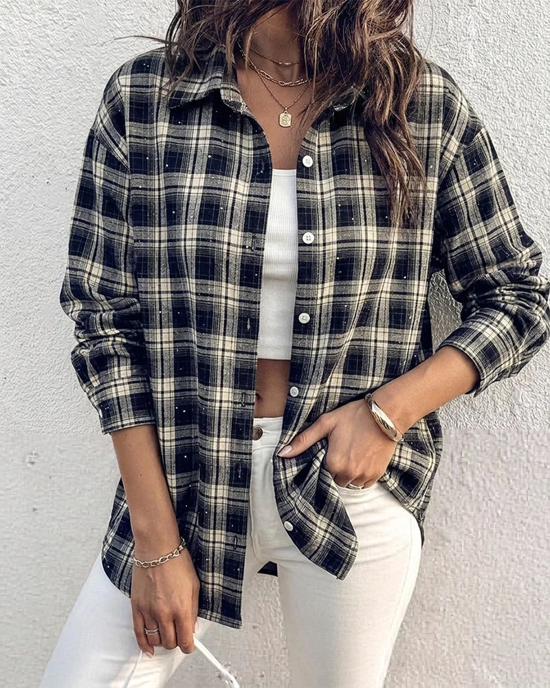 Women's Plaid Rhinestone Shirt Casual Drop Shoulder Button Down Blouse Vintage Long Sleeve Top chicme