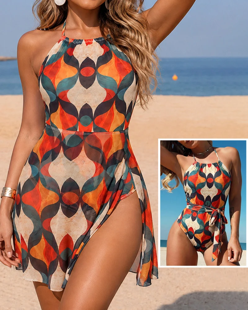 Vintage Colorblock Geometric Print Halter Backless Lace-up Back Dress Casual Side Slit Sheer Mesh Convertible Vacation Dress with Built-In Briefs chicme