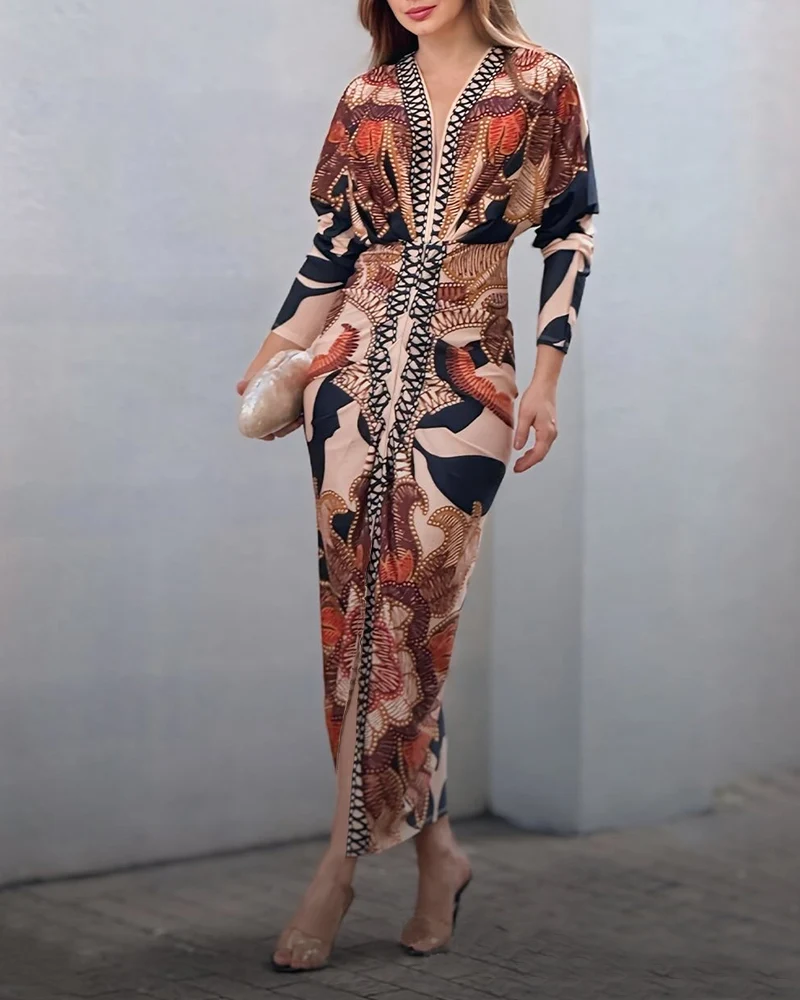 Vintage Baroque Deep V Neck Long Sleeve Slit Bodycon Dress Ruched Slim Fit Vacation Dress chicme