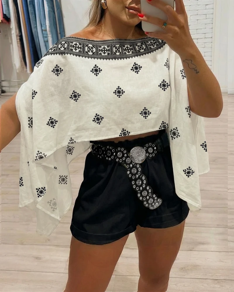 Vintage Baroque Print Off Shoulder Split Sleeve Convertible Shoulder Casual Top with Bandeau chicme