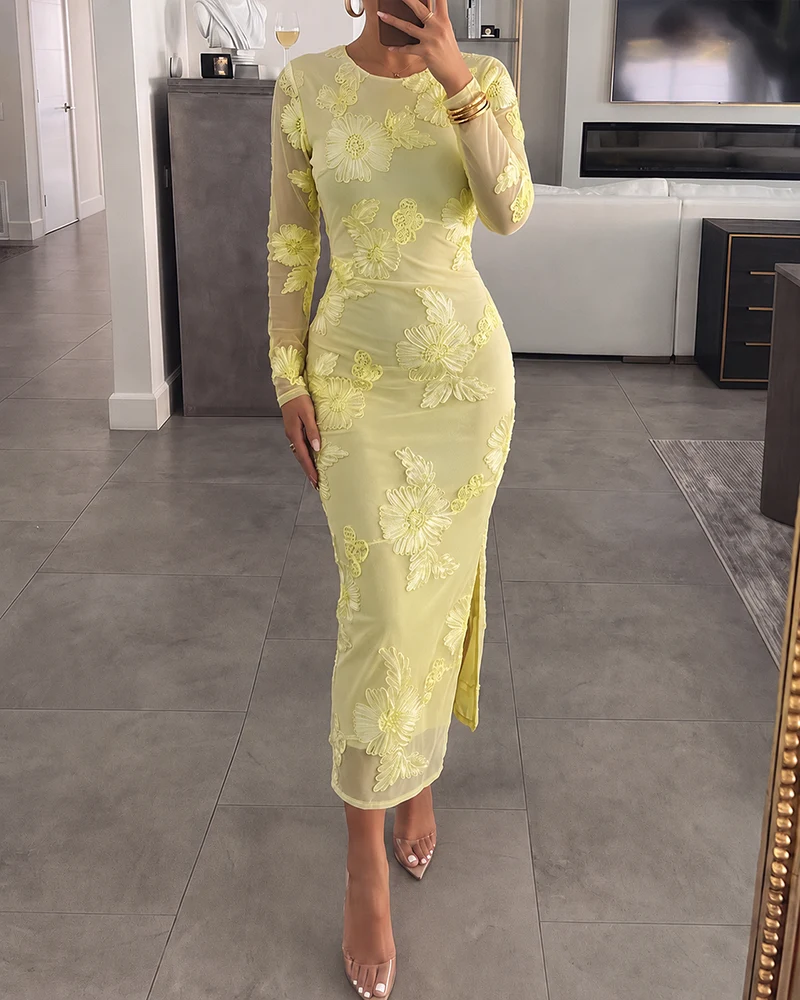 Women's 3D Floral Embroidered Mesh Midi Dress Sexy Sheer Long Sleeve Bodycon Dress Elegant Slit Cocktail Party Gown chicme