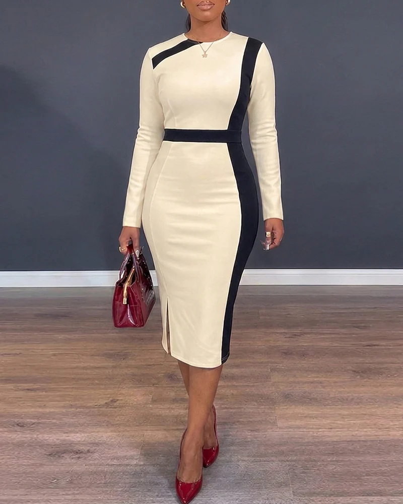Women's Contrast Binding Midi Dress Long Sleeve Office Pencil Dress Slim Fit Side Slit Dress chicme
