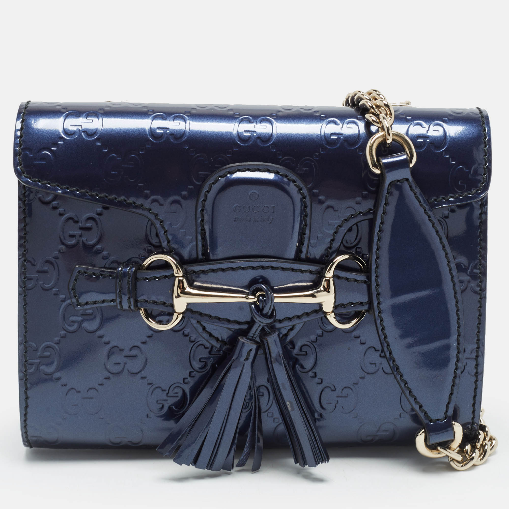 Gucci Emily Chain Mini Bue Guccissima Patent Leather Shoulder Bag