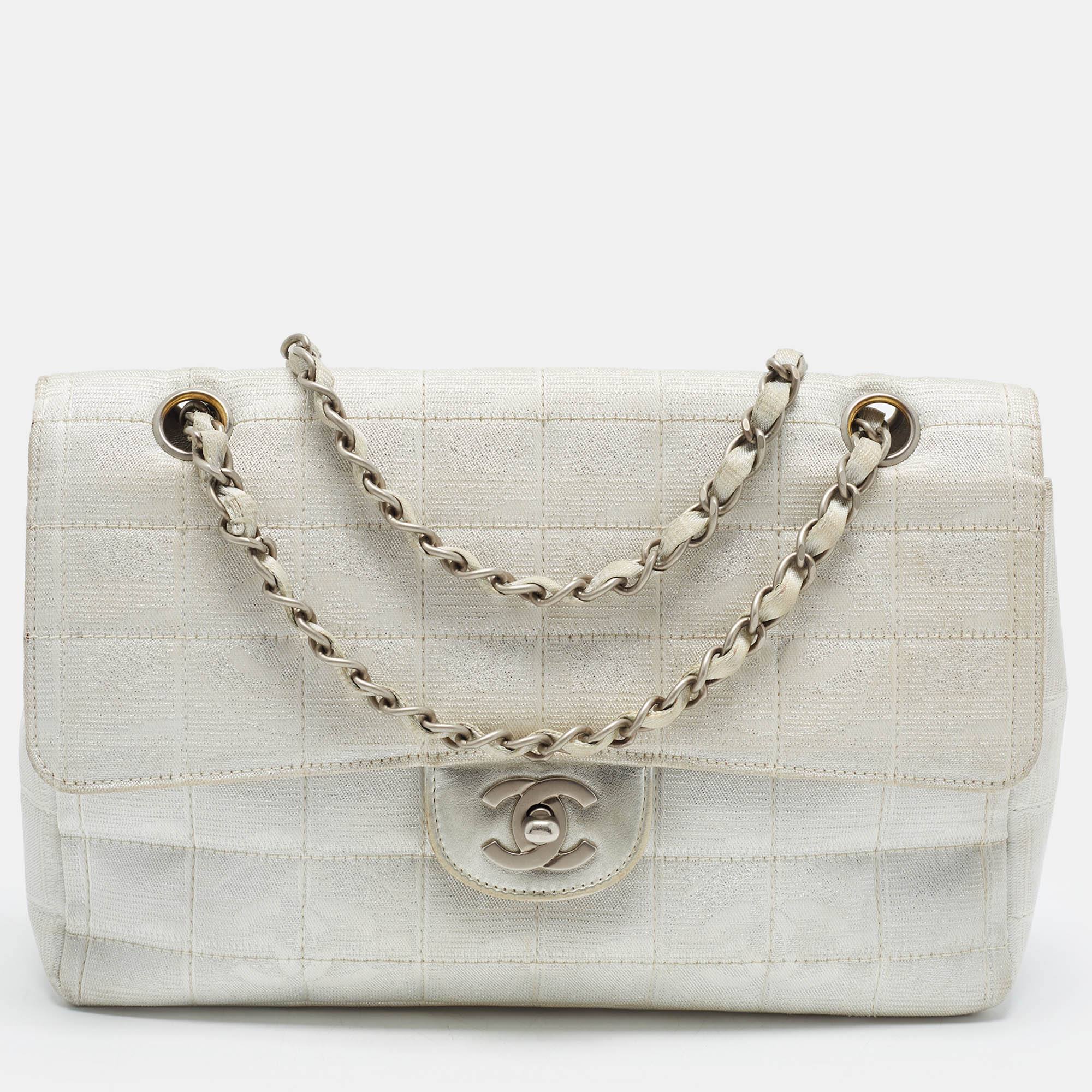 Chanel CC Travel Line Silver Cube Quilted Nylon Flap Bag