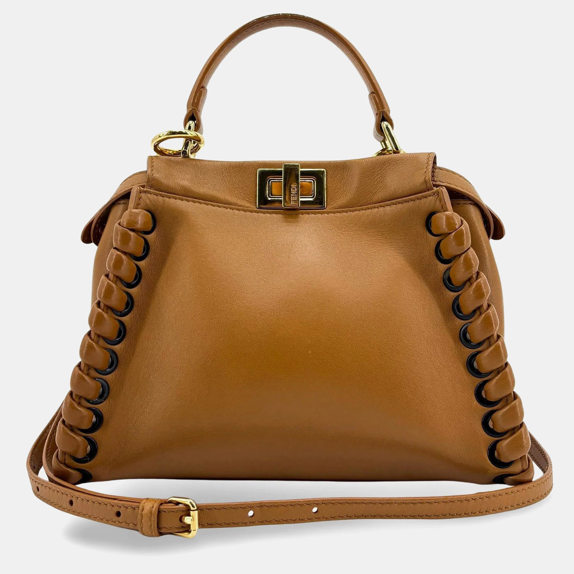 Fendi Peekaboo Medium Tan Calfskin Leather Satchel Bag