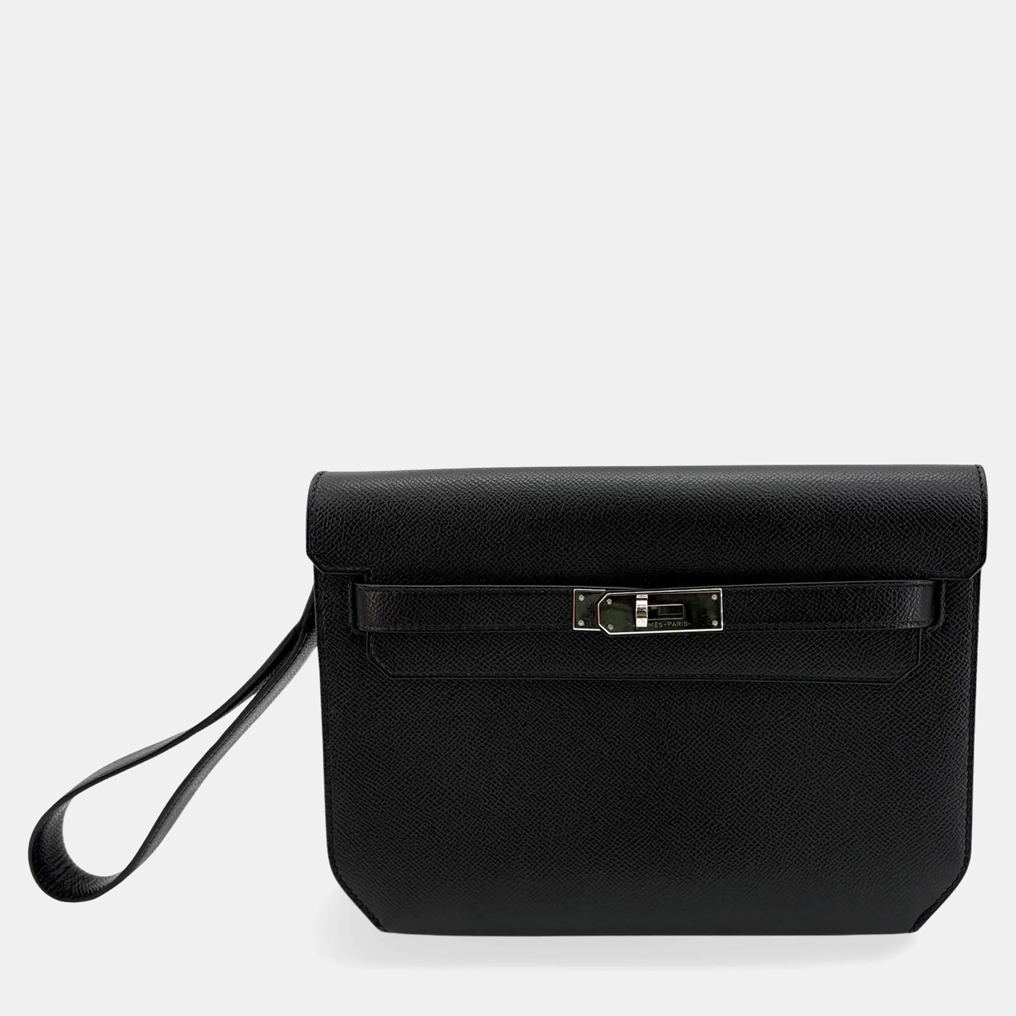 Hermes Kelly Depeches 25 Black Epsom Leather Clutch Bag