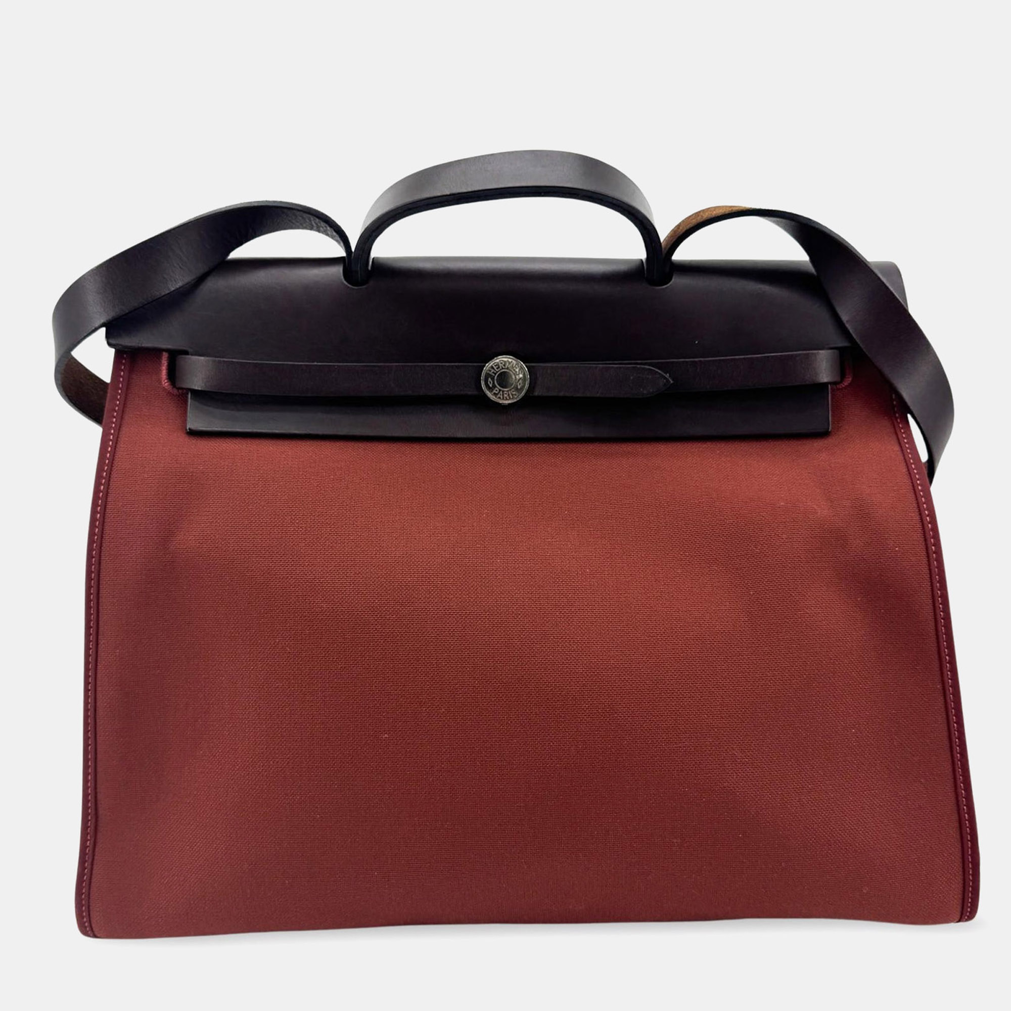 Hermes Herbag Zip 31 PM Burgundy Brown Toile Canvas Leather Shoulder Bag