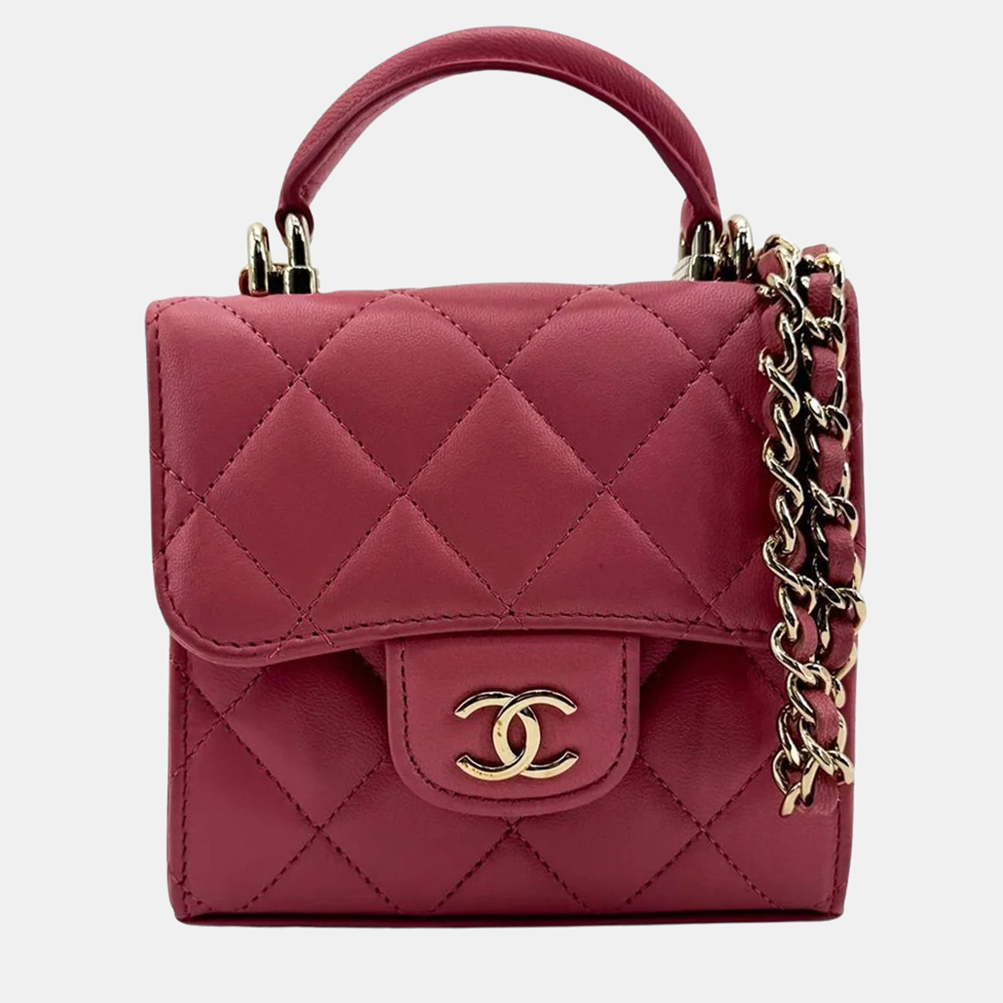 Chanel Classic Small Top Handle Flap Pink Lambskin Leather Top Handle Bag