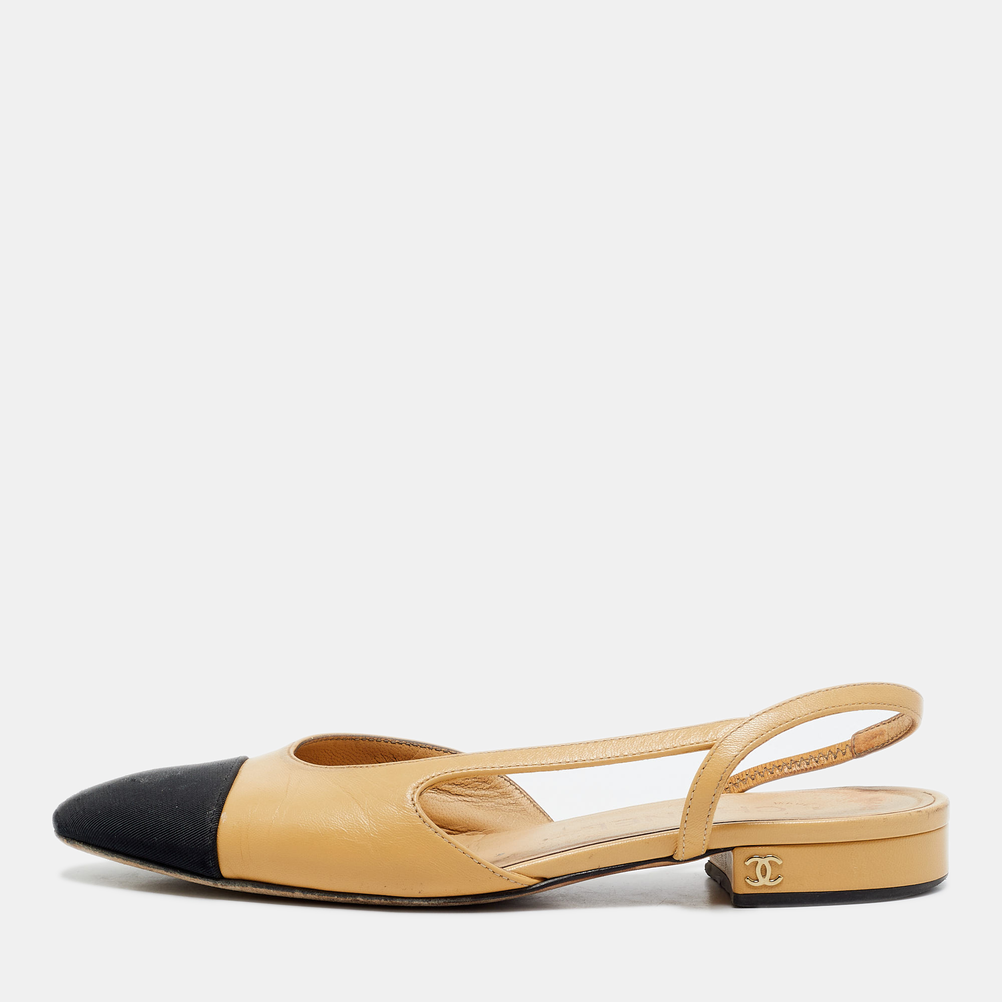 Chanel CCSize 36 Beige/Black Canvas and Leather Cap Toe Slingback D'orsay Flats