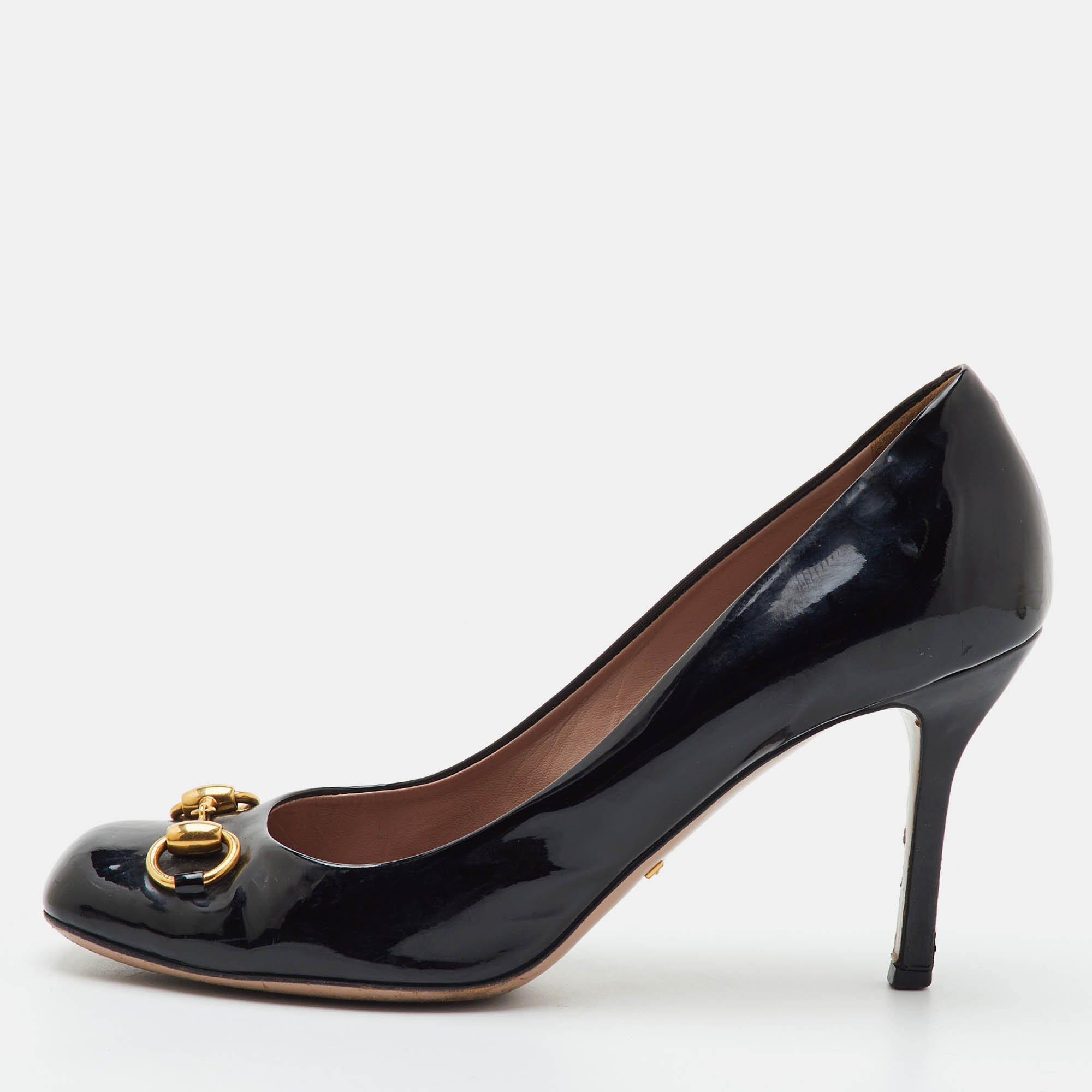 Gucci Jolene Size 39.5 Black Patent Leather Horsebit Pumps