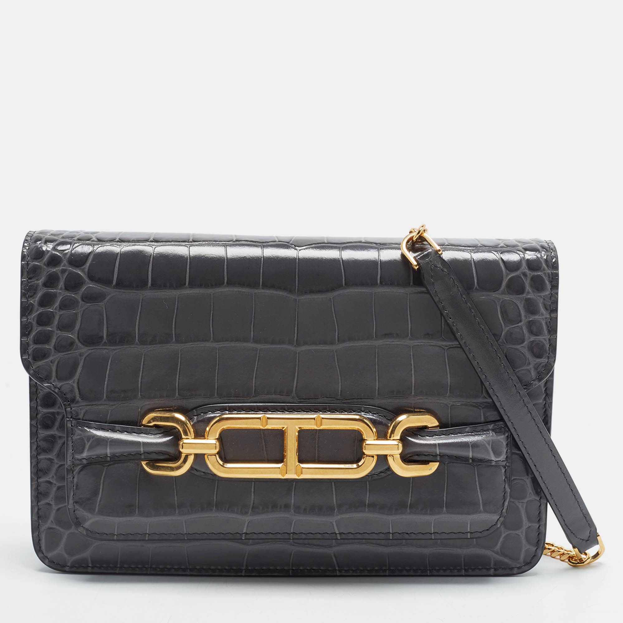 Tom Ford Whitney Small Grey Croc Embossed Leather Shoulder Bag