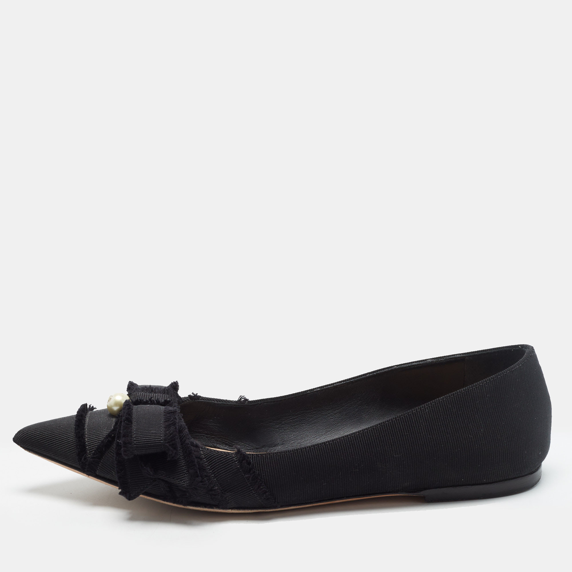 Dior Adiorable Size 36 Black Canvas Bow Fringes Pearl Embellished Pointed Toe Ballet Flats