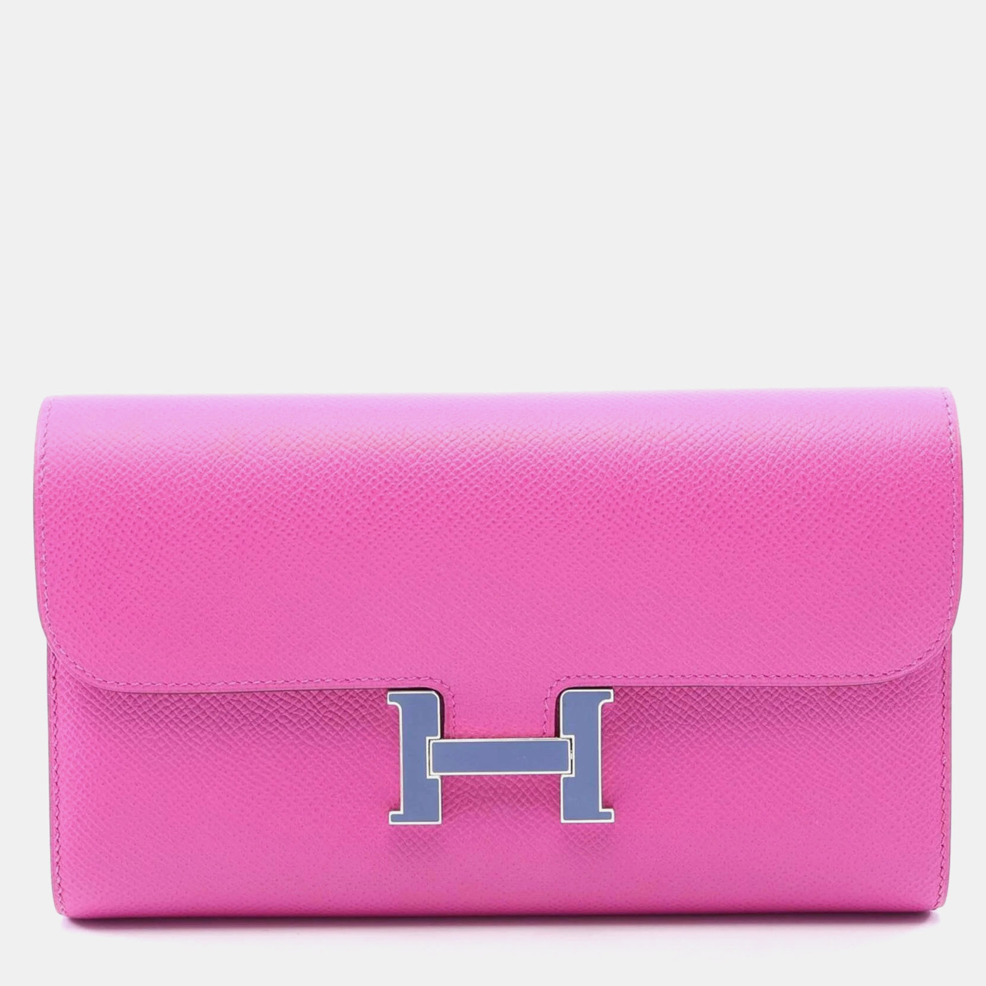 Hermes Constance Magnolia Pink Bleu Brighton Veau Epsom Leather Enamel H Hardware Long Bi -fold Wallet