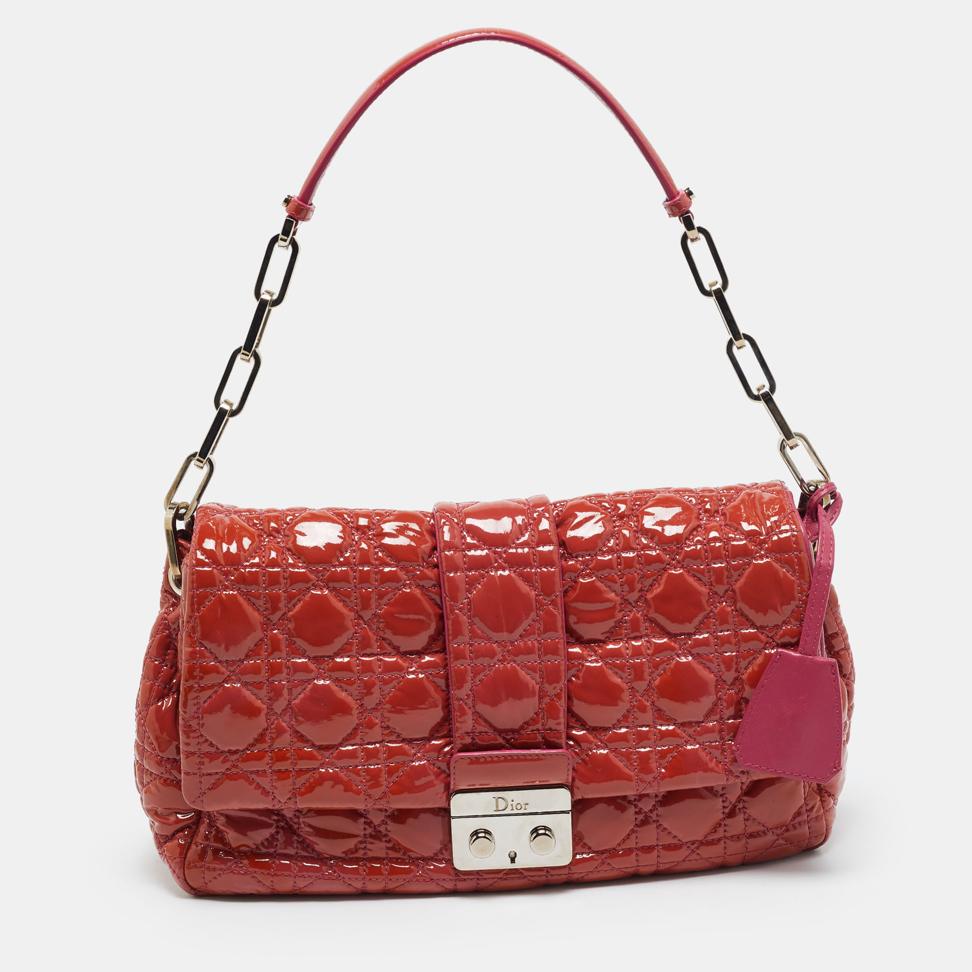 Dior New Lock Medium Coral Red Cannage Patent Leather Shoulder Bag