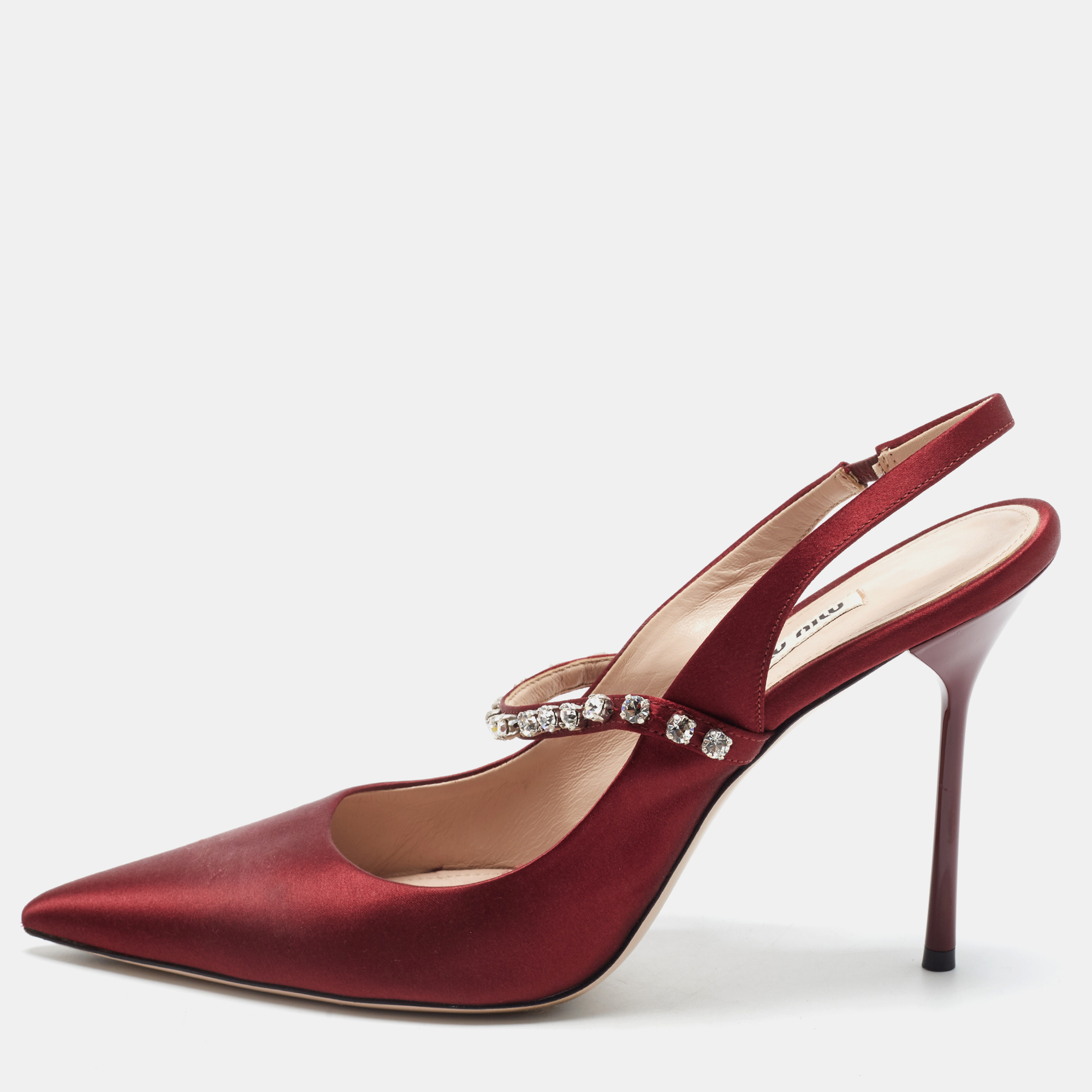 Miu Miu Size 41 Burgundy Satin Crystal Embellished Slingback Pumps