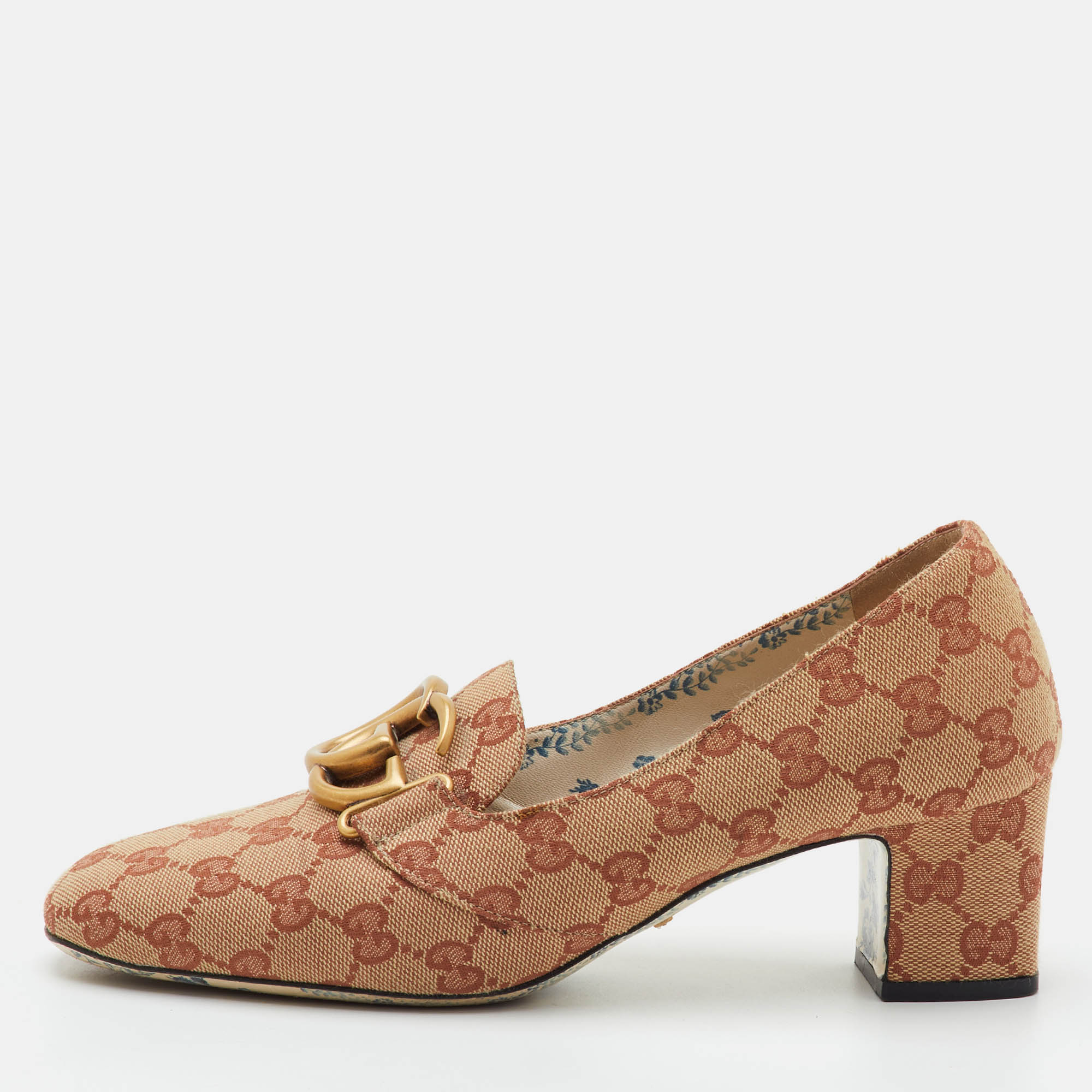 Gucci GG Marmont Size 39.5 Beige GG Canvas Block Heel Pumps