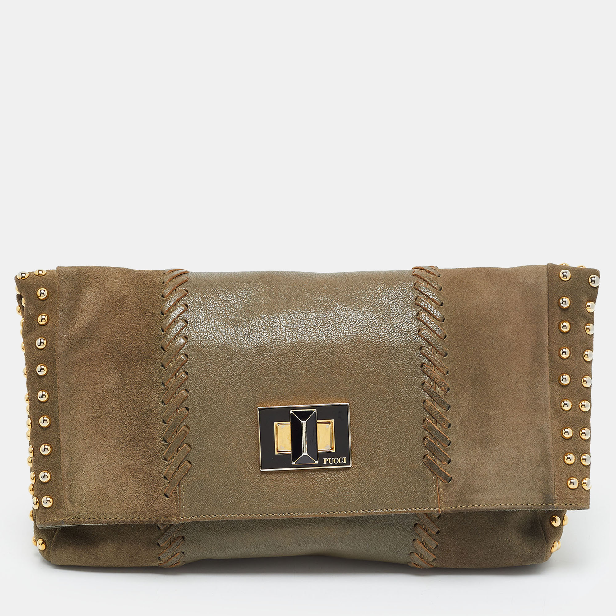 Emilio Pucci Studded Khaki Suede and Leather Foldable Clutch