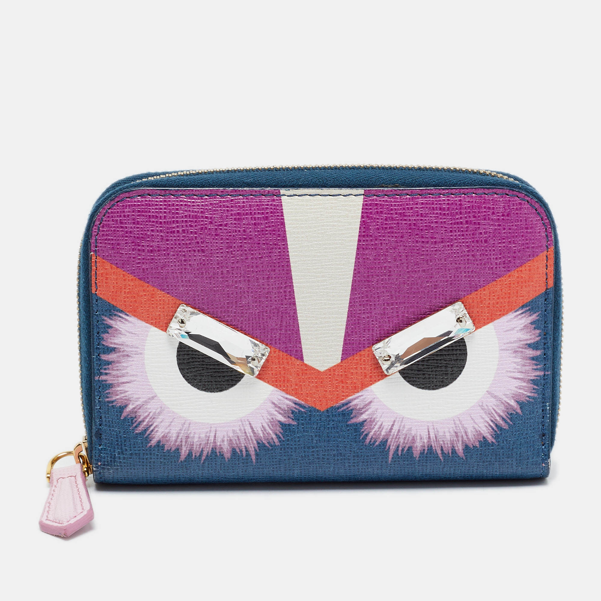Fendi Monster Blue/Purple Leather Crystal Embellished Zip Around Wallet